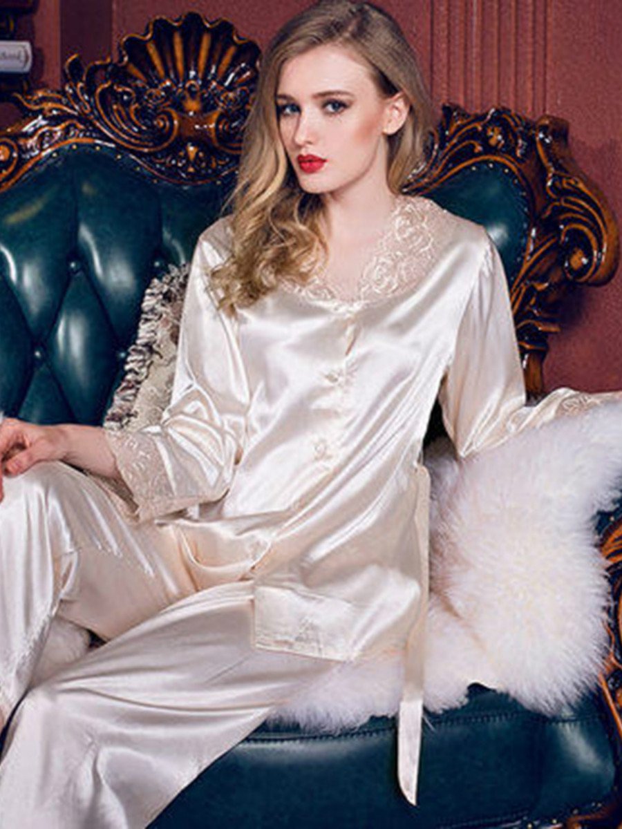 Spring And Summer Long Sleeve Suit Imitation Silk Thin Sexy Lace Large Women'S Home Wear Pajamas