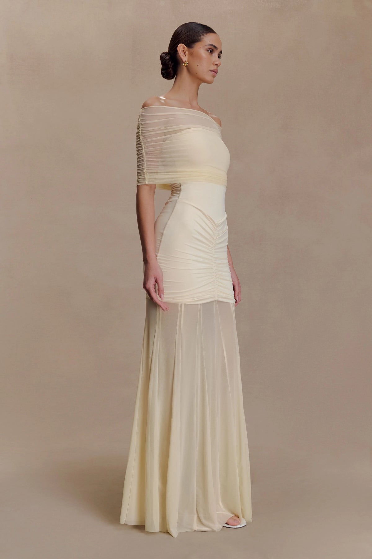 Caspian Slinky And Mesh Off Shoulder Maxi Dress - Ivory
