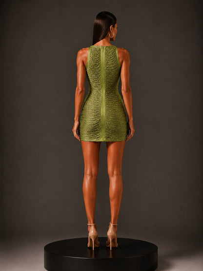 Beatrice Sleeveless Bandage Mini Dress with Fringe In Green
