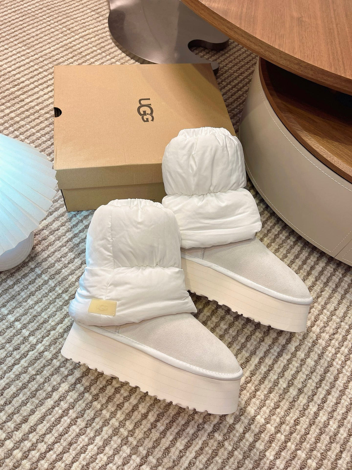UGG Classic Mini Dipper Puffer Boots Off White Suede Technical Fabric