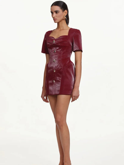 Jasmine Square Neck Buttoned Faux Leather Mini Dress