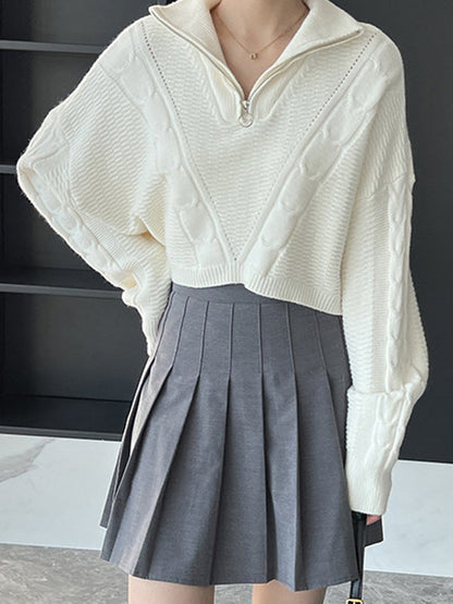Simple Batwing Sleeves Long Sleeves Jacquard Solid Color Lapel Collar Sweater Tops