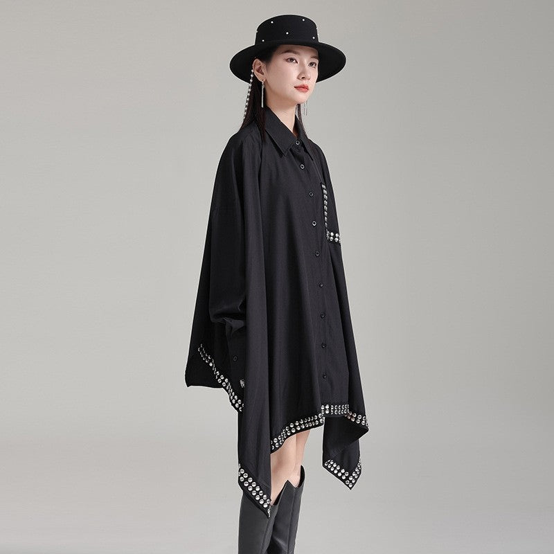 Dark Polyester Loose Paneled Lapel Batwing Sleeve Dress