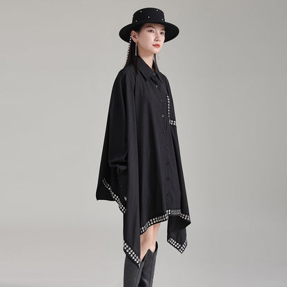Dark Polyester Loose Paneled Lapel Batwing Sleeve Dress