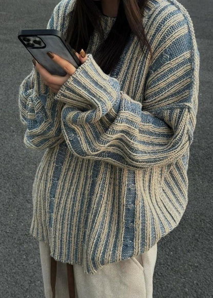 Striped Knit Oversized Sweater Soft Cotton Pullover