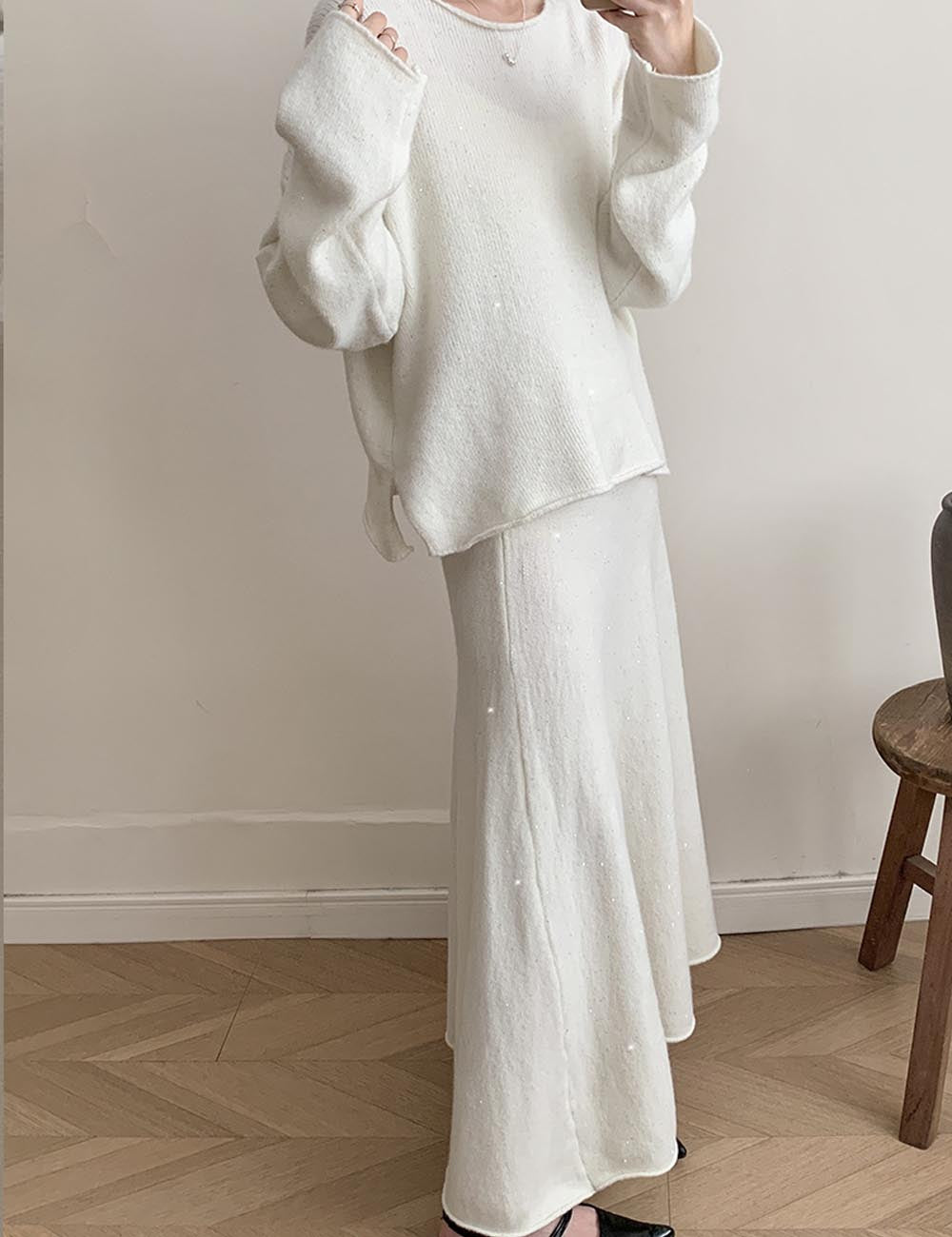 Casual Round Neck Sweater Maxi Skirt Set