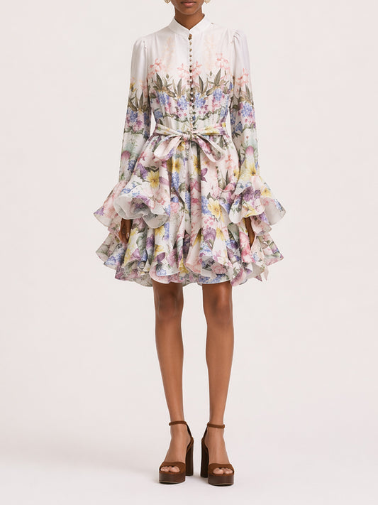 Ivy Long-Sleeve Printed Linen Mini Dress