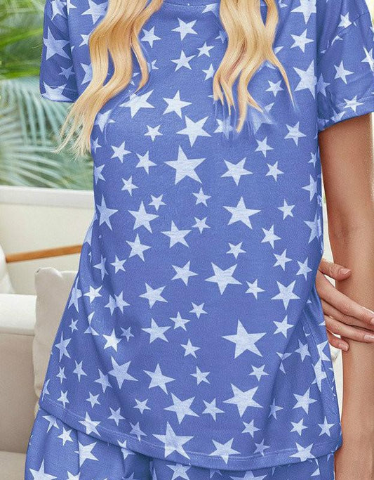 Summer Casual Print Tie Dye Star Pajamas Short Sleeve Home Wear Set