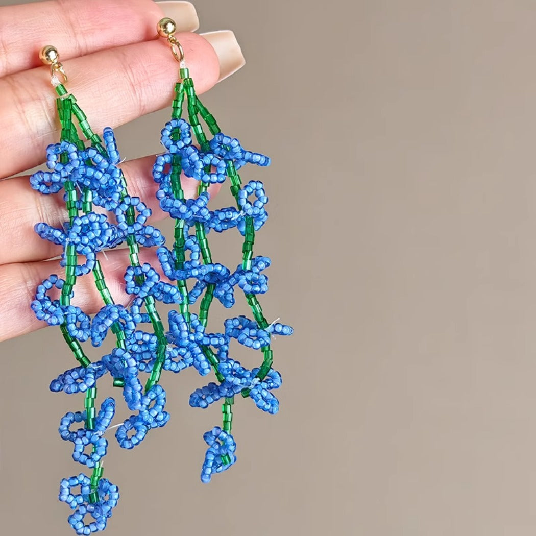Earwish - Blue Beaded Iris Floral Earrings - Graceful &amp; Flowing
