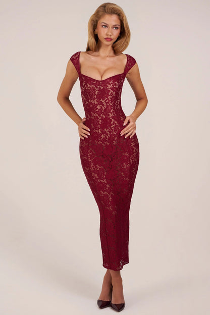 Sweetheart-Neck Maxi Dress in Cherry Red