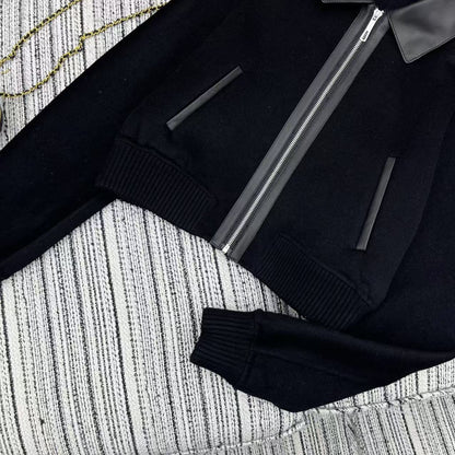 HM Patchwork Leather Lapel Double-faced Black Cashmere Jacket