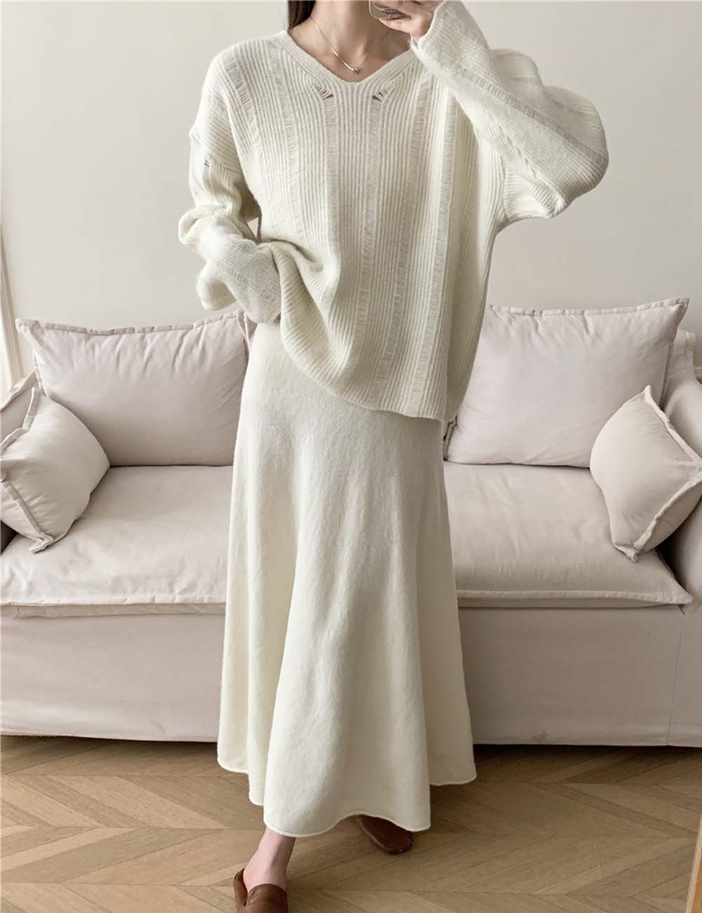Solid Color Loose Knit Sweater Maxi Skirt Set