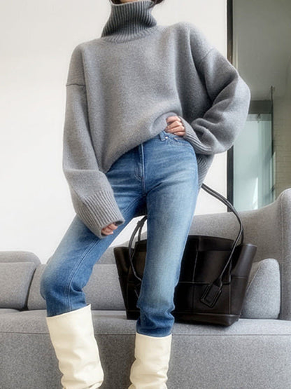 Long Sleeves Loose Pleated Solid Color Split-Joint High Neck Sweater