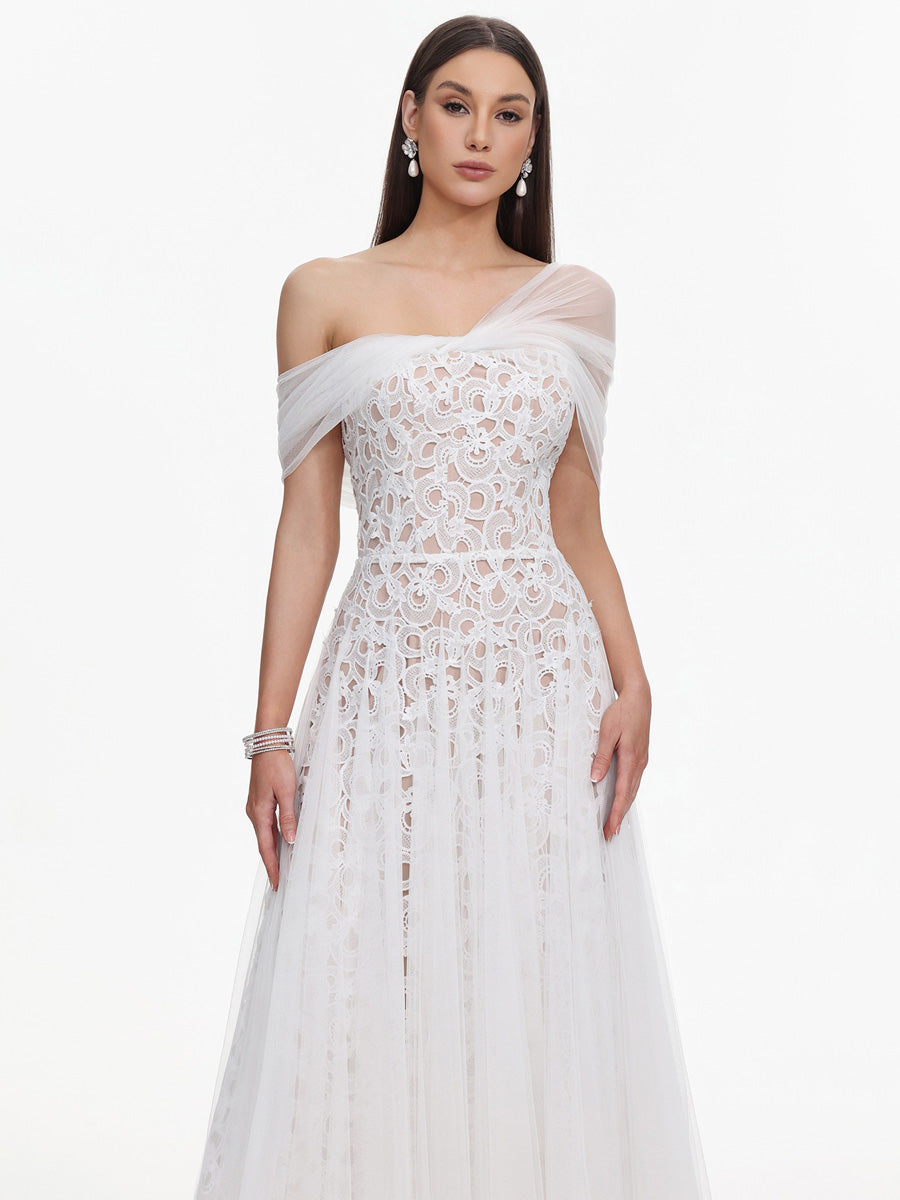 Liliana Elegant Tailored Off Shoulder Lace Tulle Maxi Dress