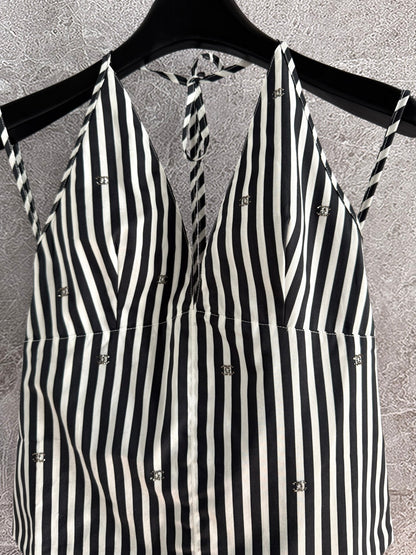 CC Striped Halter Top Black White Cotton