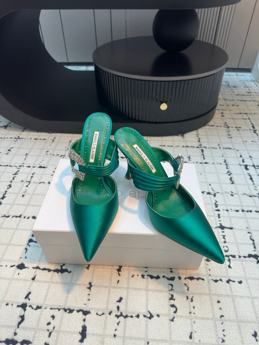 Manolo Satin Maidugura Mules 90mm Green Teal Satin