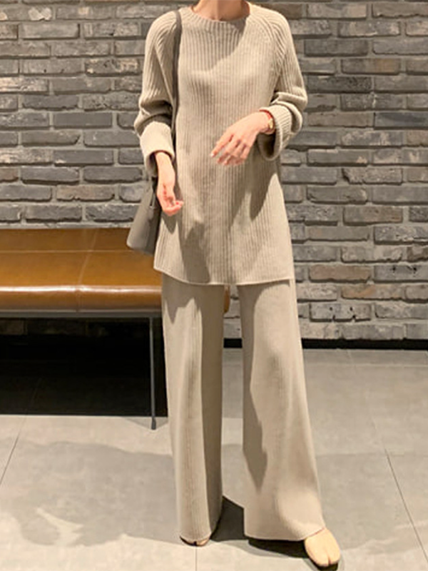 Long Sleeves Wrap Solid Color Split-Side Round-Neck Sweater Tops&Pants Suits