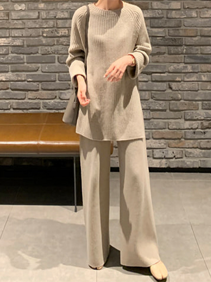 Long Sleeves Wrap Solid Color Split-Side Round-Neck Sweater Tops&Pants Suits