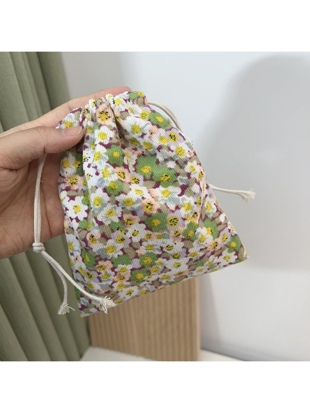 Cosbai - Corduroy Drawstring Pouch &amp; Coin Purse with Floral Patterns