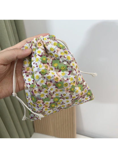 Cosbai - Corduroy Drawstring Pouch &amp; Coin Purse with Floral Patterns