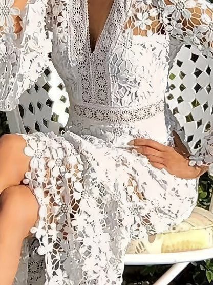 Adeltrudis Chic Cotton Guipure Lace V Neck Long Sleeves Aprons Cocktail Festive Dress for Women Evening Wear Edit