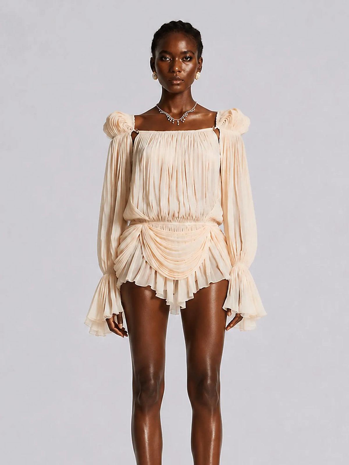 Zoe Neutrals Pleated Ruffled Mini Dress