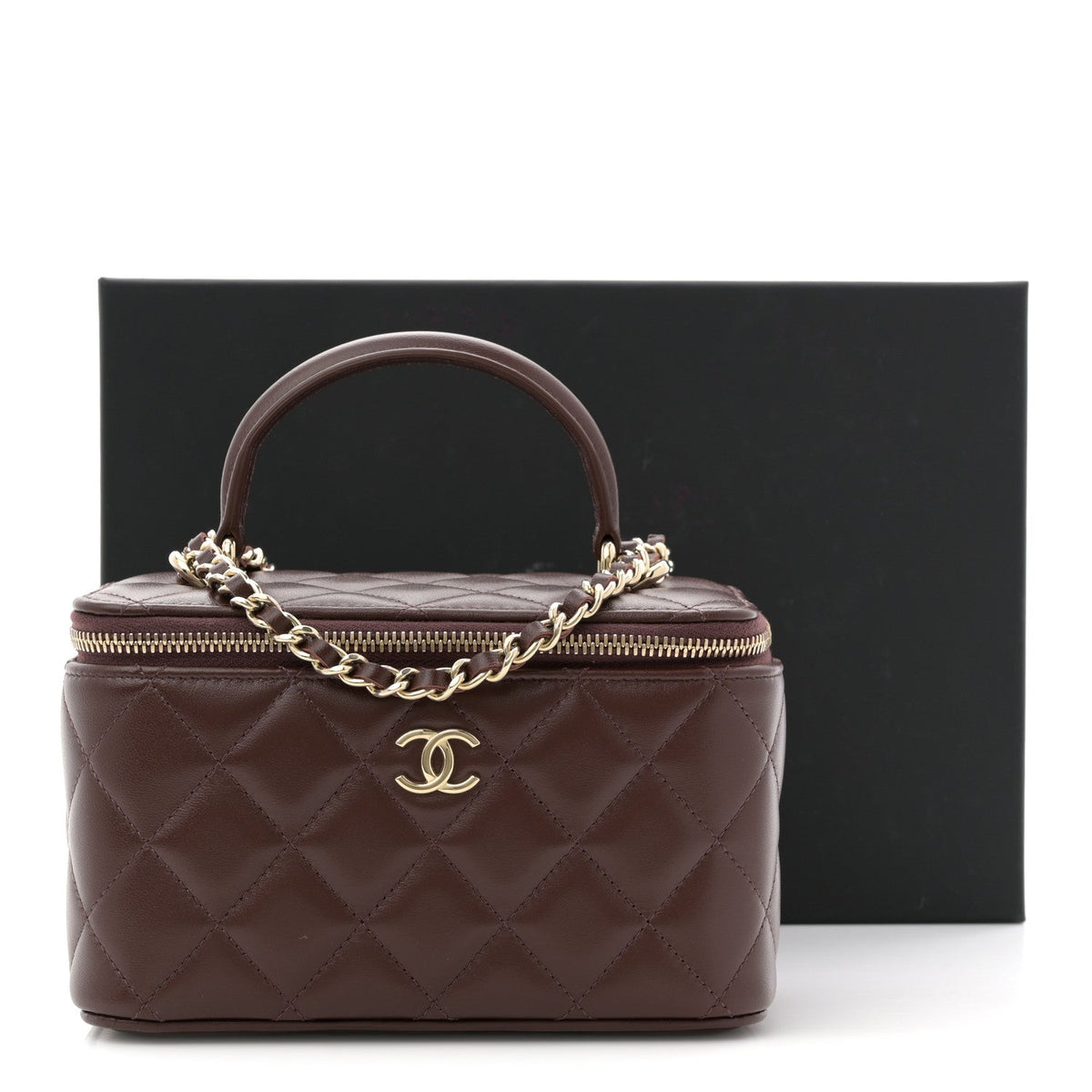 Lambskin Quilted Small Top Handle Vanity Case With Chain Dark Brown