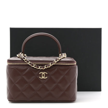 Lambskin Quilted Small Top Handle Vanity Case With Chain Dark Brown