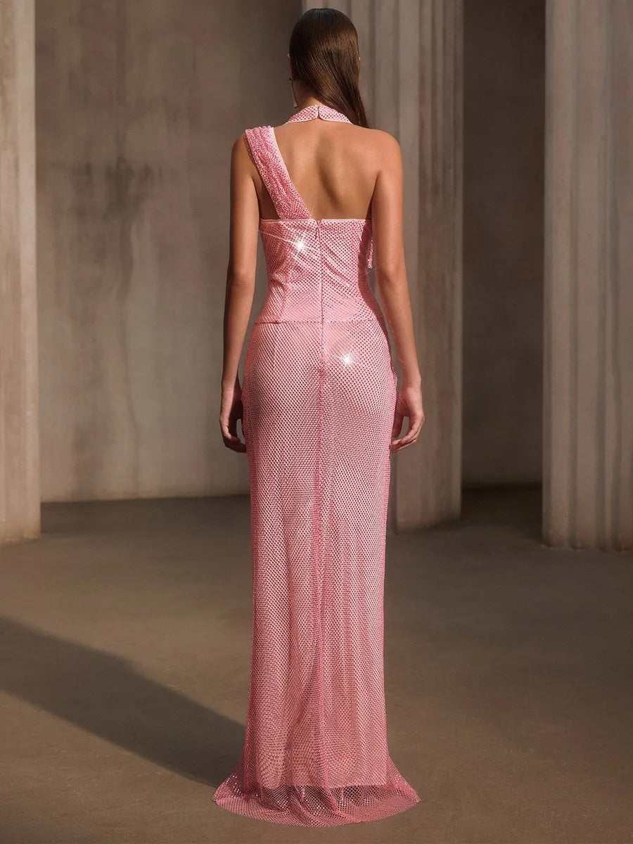 Marisol Rhinestone Mesh Split Flower Maxi Dress