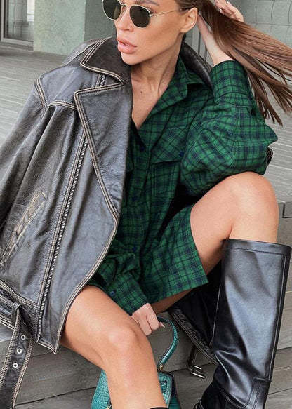 Oversized Plaid Shirt Cotton Retro Green Style