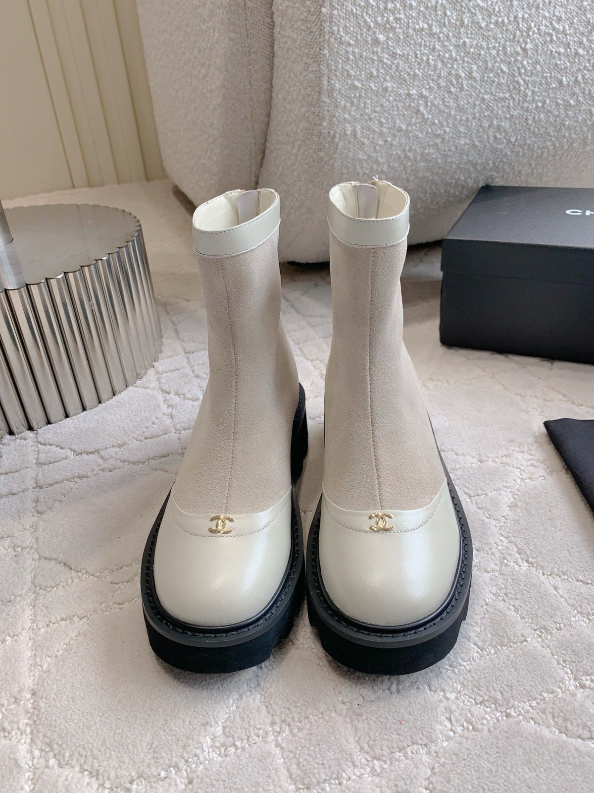 CC New Platform Ankle Boots Light Taupe Suede Sheepskin