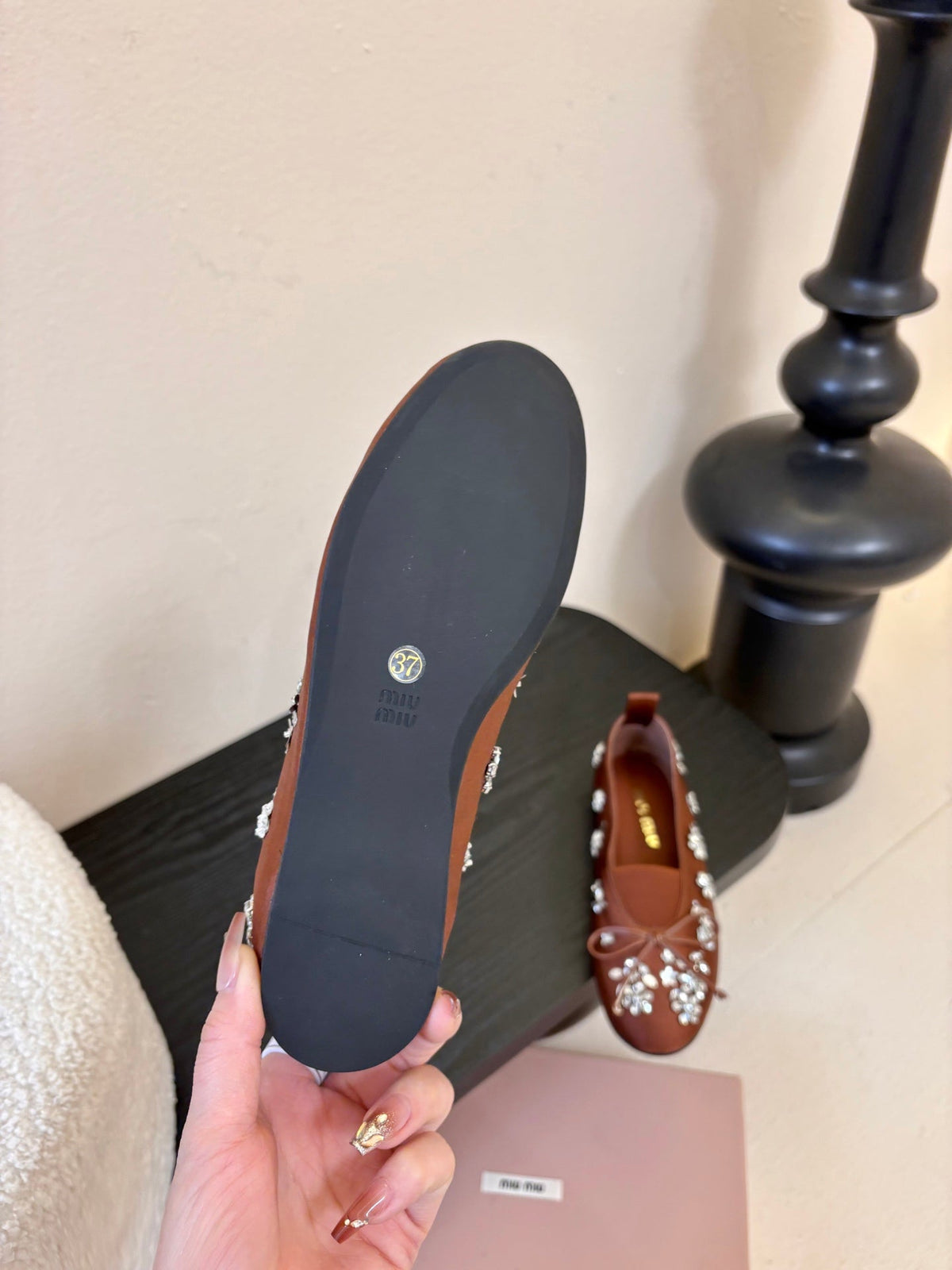 Miu Ballet Flat With Floral Crystal Brown Silk