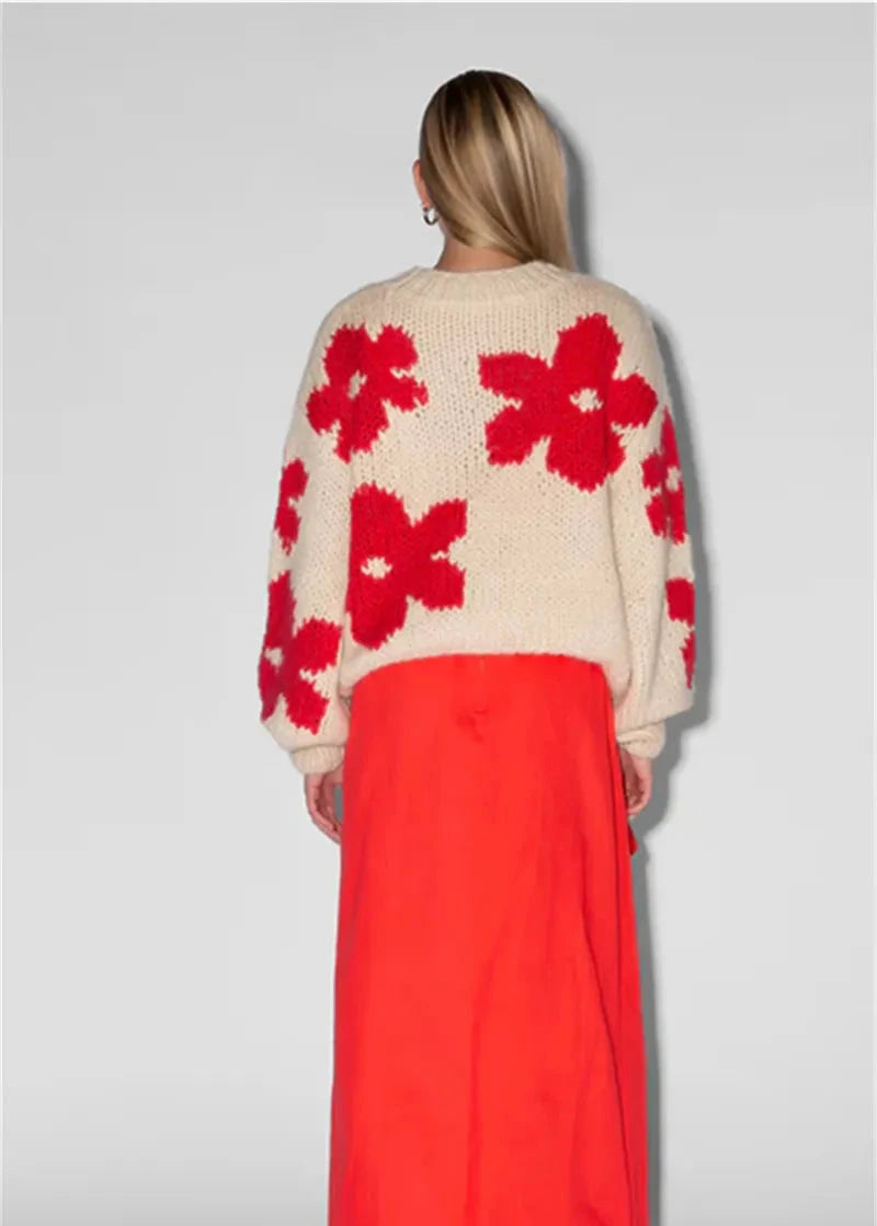 Floral Knit Sweater Thick Cozy Beige Red