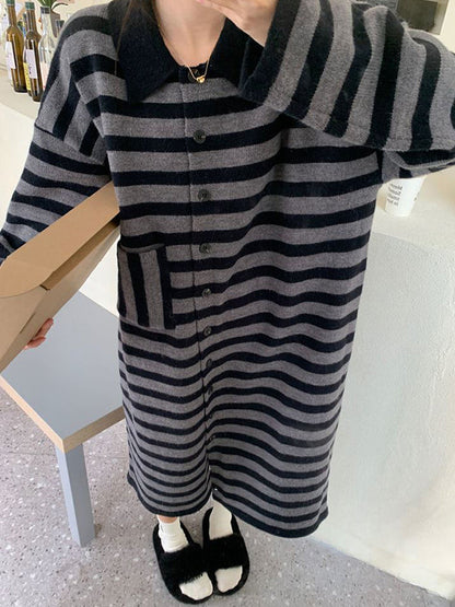 Urban Long Sleeves Loose Striped Polo Sweater Dresses