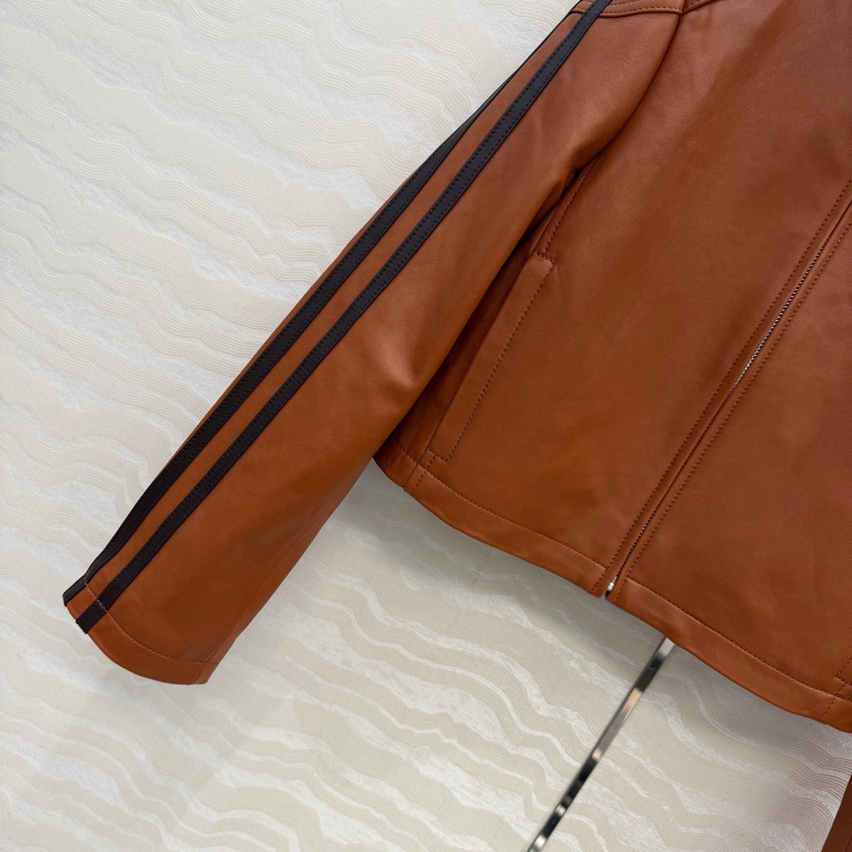 Miu SS26 Nappa Leather Jacket Stripes Brandy Lambskin 351105