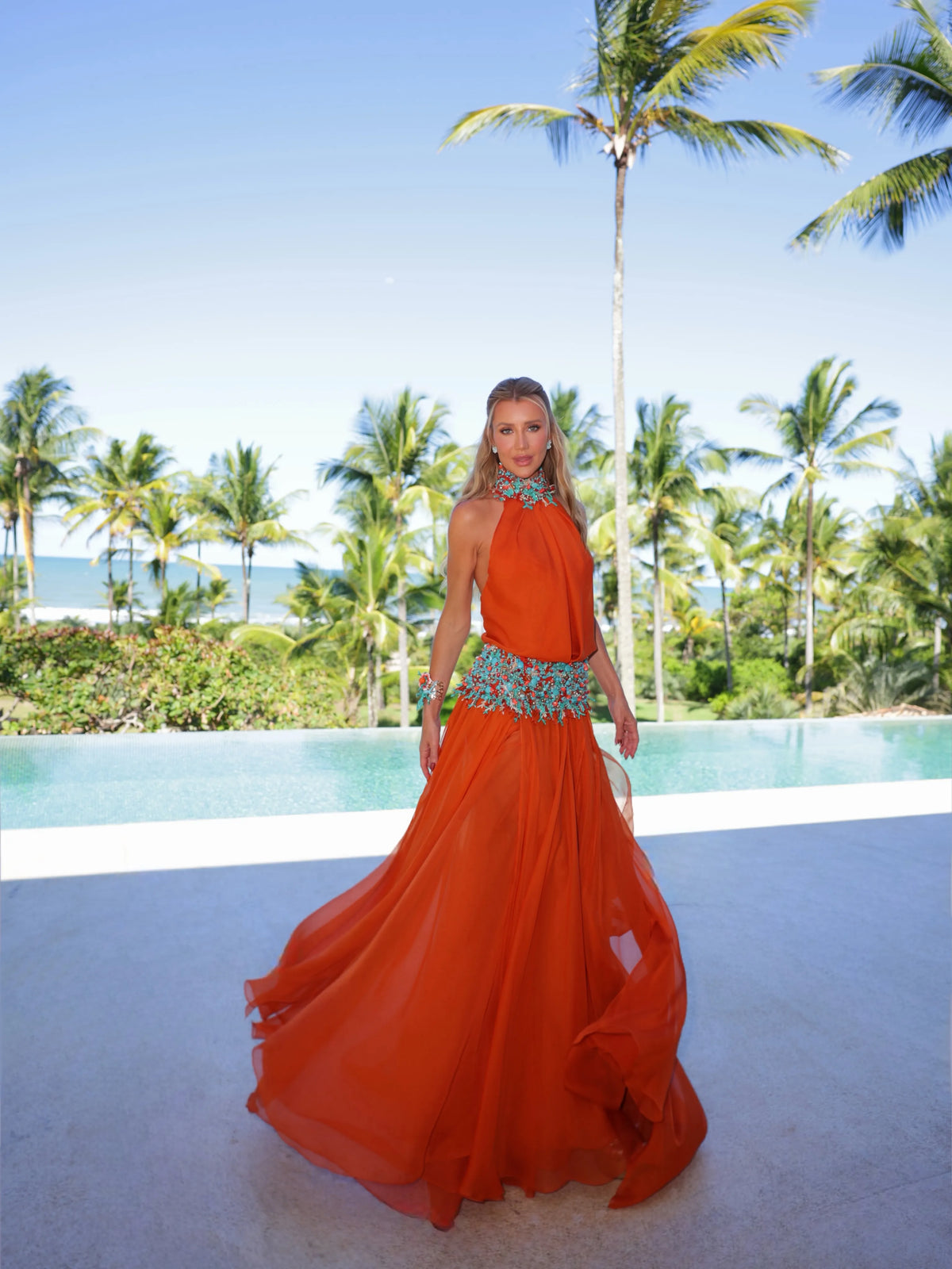 Maraya Halter Beaded Chiffon Maxi Dress In Orange
