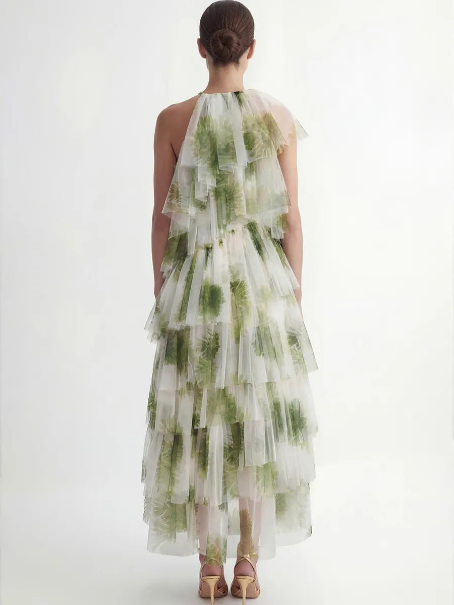 Emilia Green Leaf Print Tiered Tulle Maxi Dress