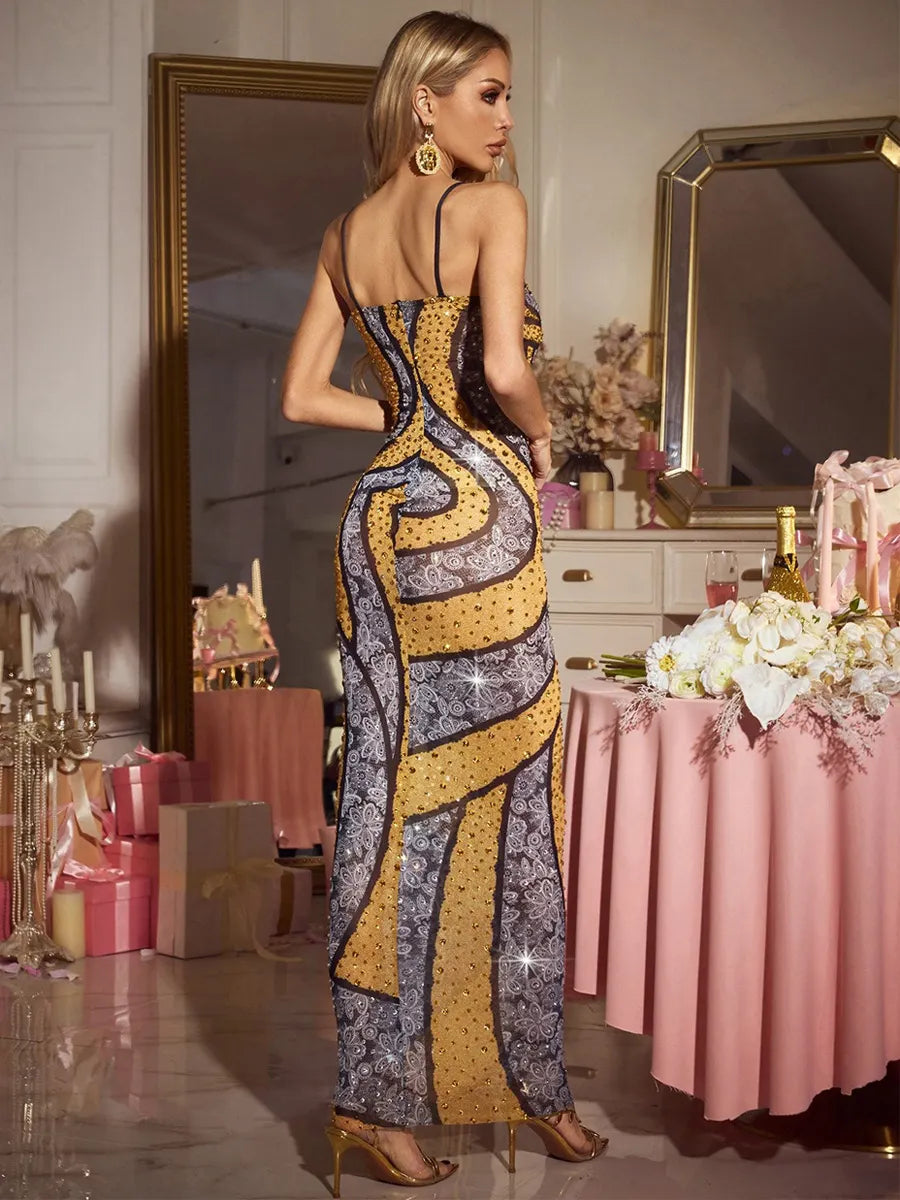 Perla Spaghetti Printed Lace Maxi Dress