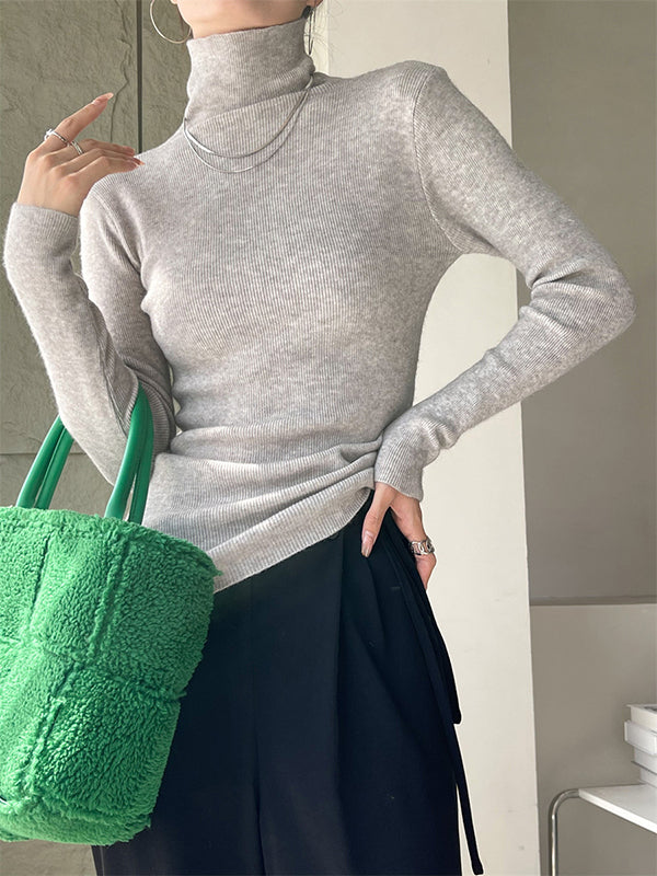 Casual Long Sleeves Skinny Solid Color High-Neck Sweater Tops