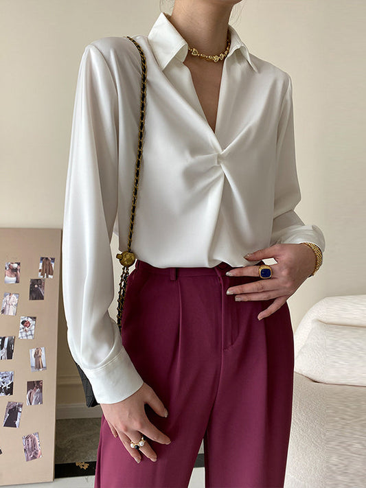Long Sleeves Knot Pleated Solid Color Split-Joint Lapel Blouses&Shirts Tops