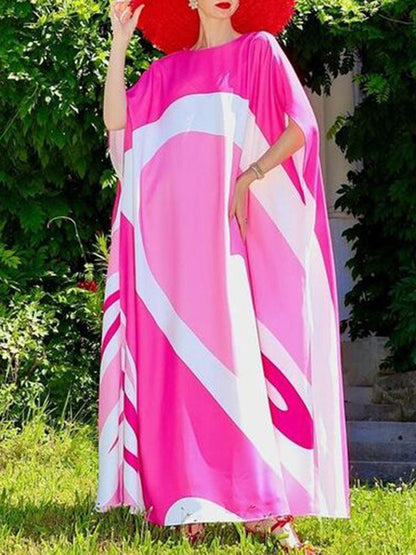 Batwing Sleeves Loose Contrast Color Printed Split-Joint Round-Neck Evening Dresses Maxi Dresses