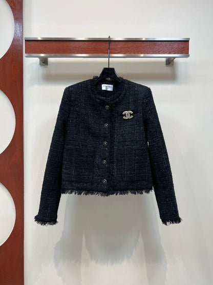CC 25 Tweed Short Fringed Black Jacket 304699