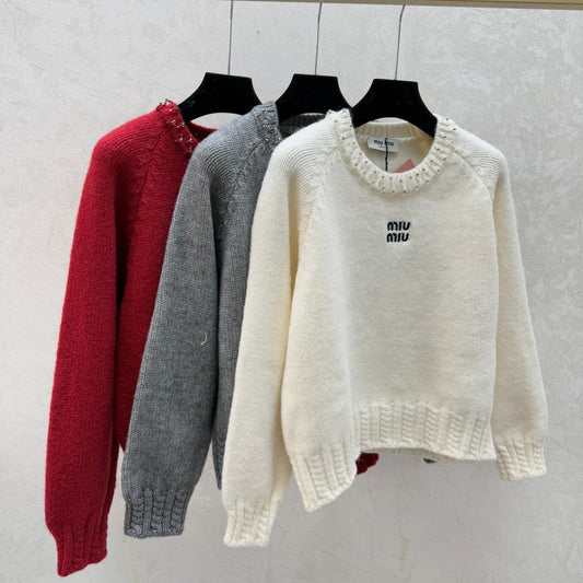 Miumiu 2025 Embellished Neckline Sweater Wool