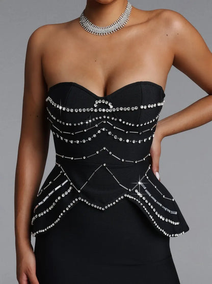 Kim Crystal-Embellished Strapless Peplum Midi Dress