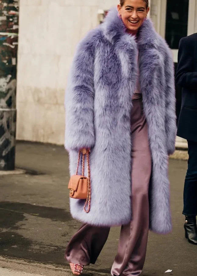 Faux Fur Lapel Coat Violet Longline Style