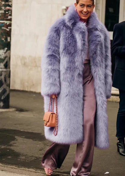 Faux Fur Lapel Coat Violet Longline Style