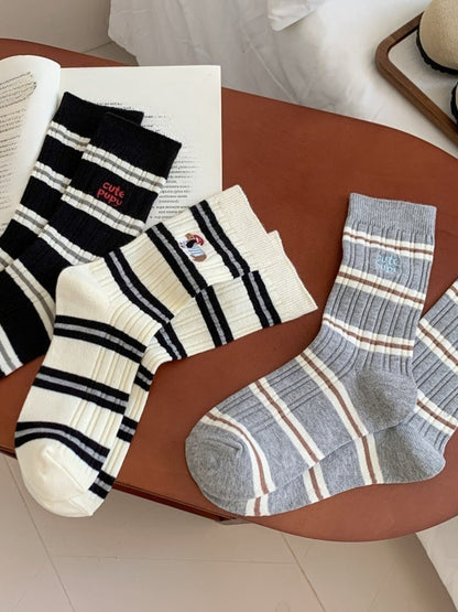Rufia - Stripes Mid-calf Socks with Dog Patterns