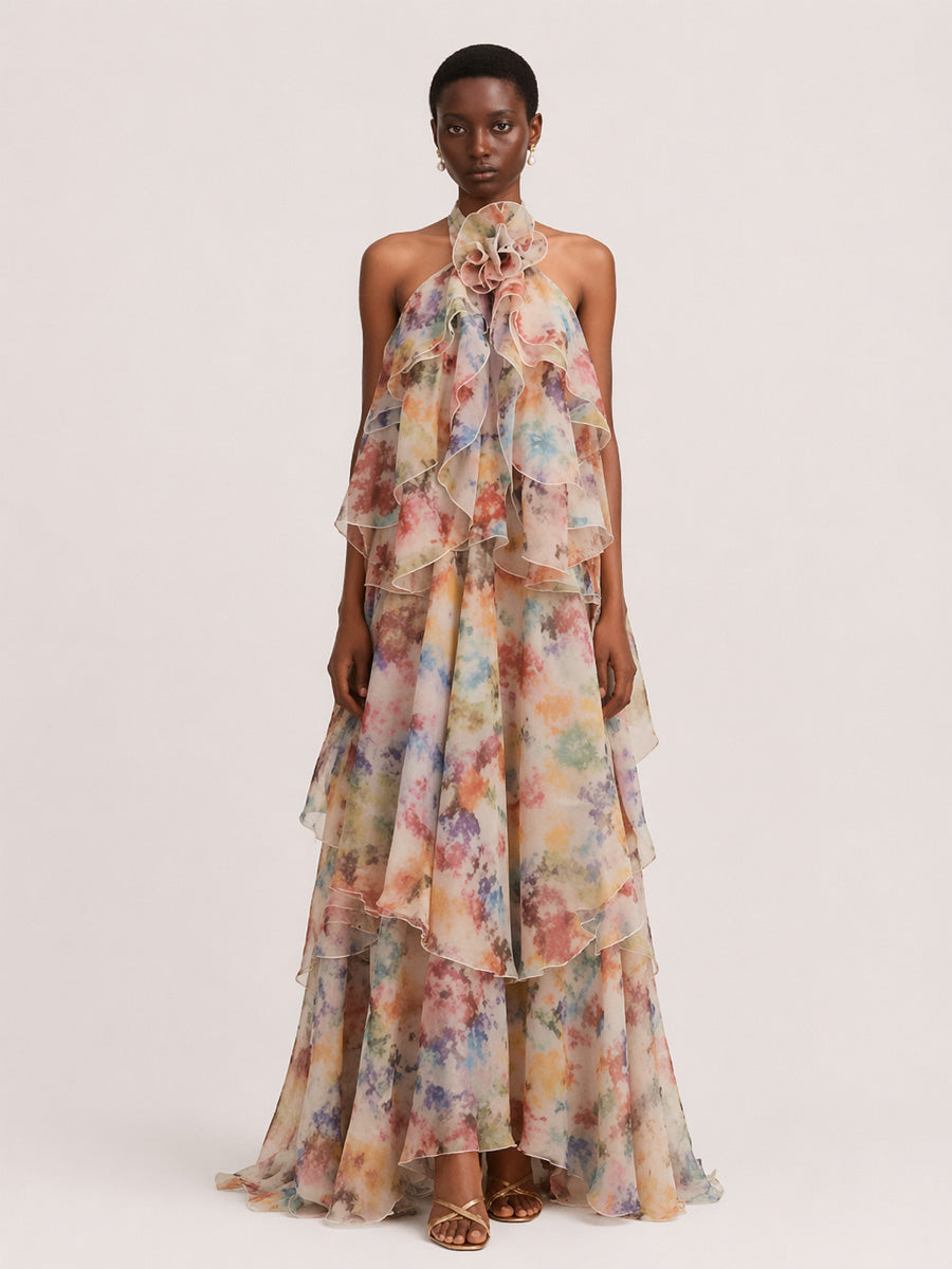 Ada Tiered Printed Mesh Maxi Dress
