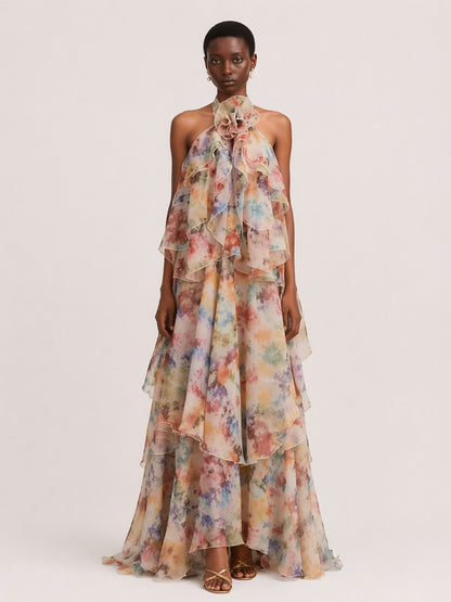 Ada Tiered Printed Mesh Maxi Dress