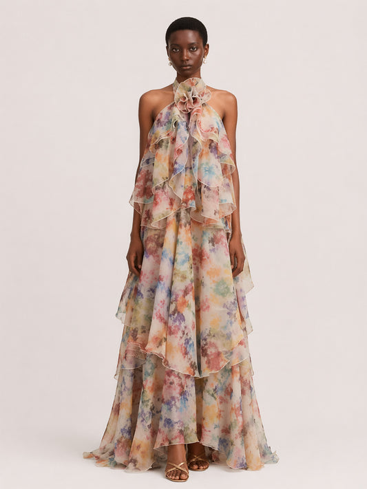 Ada Tiered Printed Mesh Maxi Dress